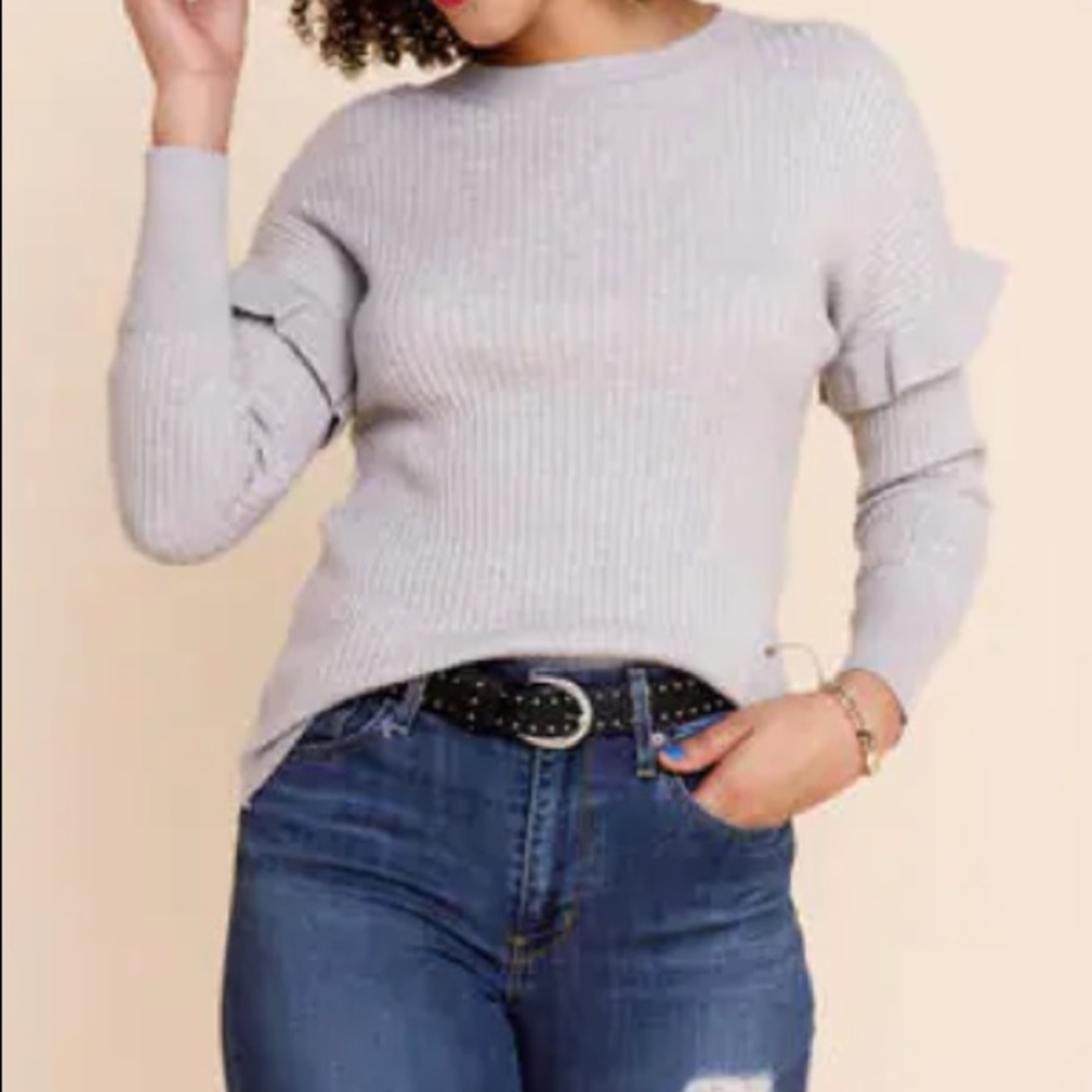 Franchesca’s Gray Chris Flounced Ribbed Sweater